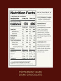 A nutrition facts label for Moonstruck Peppermint Bark Dark Chocolate shown on a dark red background next to product details including ingredients and flavor information. - Image 