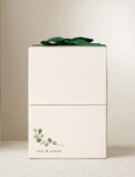 Cream-colored gift box with a green ribbon, featuring a watercolor eucalyptus sprig and the words rest & renew. - Image 