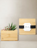Bamboo succulent garden and matching keepsake frame with a black ribbon and With Sympathy tag on a neutral background. - Image 