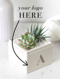 A small white square gift box with a monogram letter 'A' on the front, filled with white pebbles and two small succulent plants. Black text at the top reads 'your logo HERE' with an arrow pointing to the box, suggesting a customizable logo placeholder. - Image 