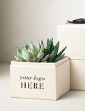 A cream-colored square gift box with a succulent plant inside, featuring the placeholder text 'your logo HERE' on the front. A second matching box with a black ribbon sits behind it on a light beige background. - Image 