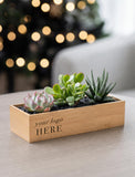 A rectangular light wood planter box with three small succulent plants, placed on a tabletop with a blurred indoor background and warm bokeh lights. - Image 