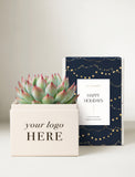 A holiday-themed gift set featuring a cream-colored square planter box with a succulent plant, next to a navy blue box with gold string lights pattern and a white 'Happy Holidays' label. - Image 