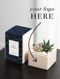 A custom gift box set shown on a dark tabletop against a light gray wall. The set includes a navy blue box with gold string-light pattern and a cream inner box labeled 'Happy Holidays,' alongside a matching cream square planter holding a small succulent. - Image 