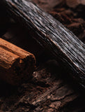 Dark vanilla bean and cinnamon stick resting on a textured, rustic wooden surface with deep brown tones. - Image 