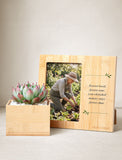 Bamboo succulent planter and matching photo frame with a heartfelt sympathy quote engraved on light wood. - Image 