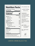 A digital mockup of a tea product's nutrition label on a dark teal background. The label is white with black text, detailing the nutrition facts for a single sachet of 'Lemon Crème Black'. - Image 